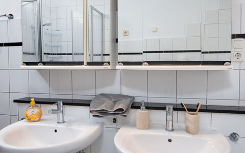 Norddeich 183: Bathroom Sink, Plumbing Fixture, Sink, Bathroom, Interior Design, Flooring, Tap, Plumbing, Floor, Mirror