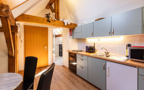 Spatzennest: Wood, Flooring, Kitchen, Interior Design, Countertop, Floor, Ceiling, Furniture, Sink, Plumbing Fixture