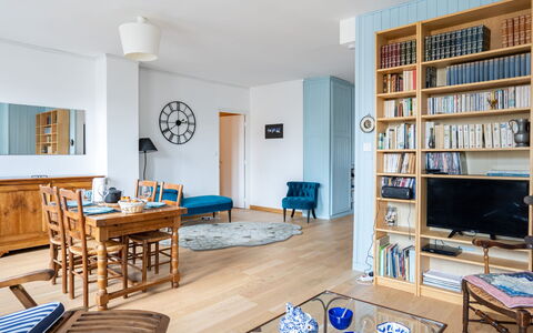 Le Six: Table, Furniture, Azure, Blue, Shelf, Couch, Wood, Living Room, House, Floor