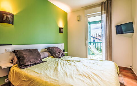 Saint-Jean-De-Luz 508: Bedroom, Bed, Bed Sheet, Interior Design, Bedding, Furniture, Ceiling, Room, Flooring, Lighting