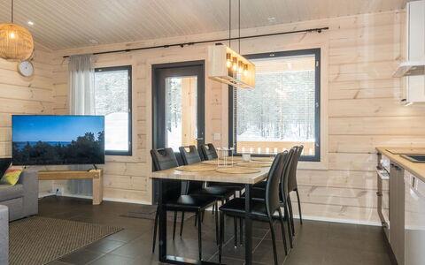 Pehtoori B: Wood, Flooring, Wood Flooring, Hardwood, Ceiling, Plank, Light Fixture, Wood Stain, Kitchen & Dining Room Table, Log Cabin