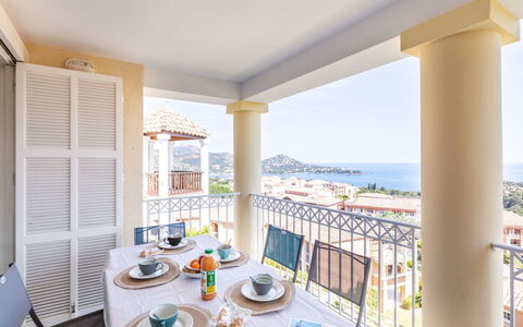 Agay Village Cap Esterel 600: Furniture, Table, Property, Tableware, Sky, Window, Building, Azure, Chair, Shade