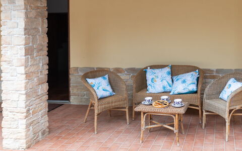 Villa le Pine: Furniture, Building, Table, Chair, Wood, Outdoor Furniture, Flooring, Living Room, Floor, Hardwood