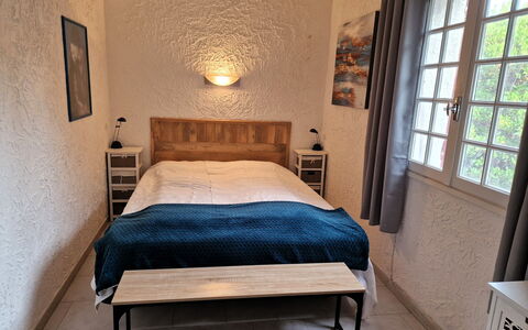 Villa Irène: Furniture, Bed, Bedding, Bedroom, Interior Design, Bed Sheet, Floor, Wall, Flooring, Wood