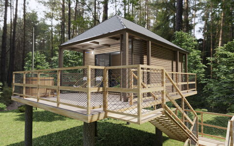 Premium Baumhaus mit 1 Schlafzimmer: Plant, Building, Tree, Wood, Wheel, Shade, Sky, Window, House, Landscape