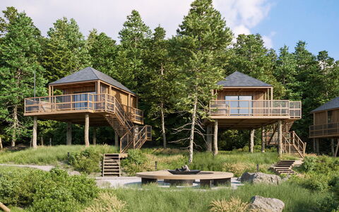 Premium Baumhaus mit 1 Schlafzimmer: Plant, Sky, Cloud, Building, Window, Natural Landscape, Tree, House, Land Lot, Grass