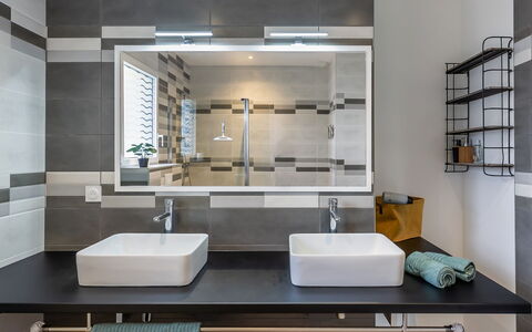 Villa Kerlina: Tap, Mirror, Plumbing Fixture, Sink, Property, Countertop, Cabinetry, Bathroom Sink, Interior Design, Wood