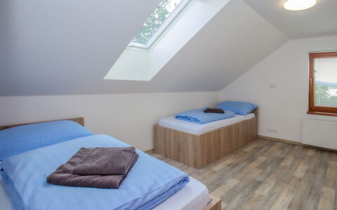 Dehtáře: Furniture, Building, Comfort, Azure, Textile, Wood, Bed, House, Interior Design, Bed Frame