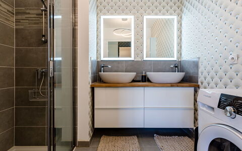 Nouvelle Vague: Mirror, Plumbing Fixture, Tap, Sink, Bathroom, Bathroom Cabinet, Laundry Room, Bathroom Sink, Interior Design, Cabinetry