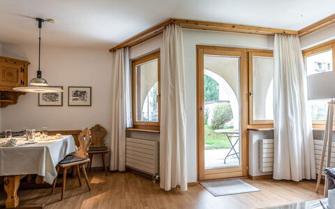 Chesa Auricula 1.1: Building, Property, Furniture, Table, Azure, Wood, Textile, Interior Design, Living Room, Window