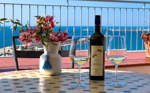 Vista Mare Borgo Peri: Furniture, Sea, Table, Ocean, Outdoor Furniture, Drinkware, Chair, Tablecloth, Outdoor Table, Coast