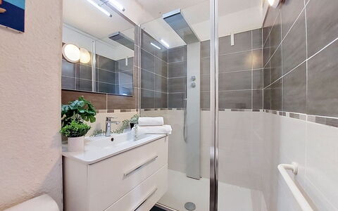 Le Barcarès 966: Plumbing Fixture, Bathroom, Interior Design, Flooring, Plumbing, Floor, Bathroom Cabinet, Sink, Mirror, Bathroom Sink