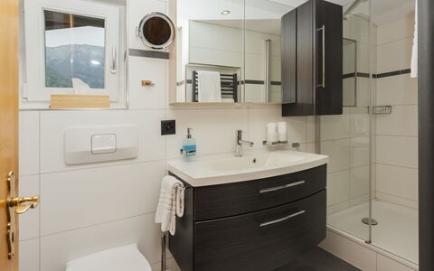 Brienz Sunset: Bathroom, Bathroom Sink, Plumbing Fixture, Interior Design, Sink, Bathroom Cabinet, Flooring, Mirror, Tap, Floor