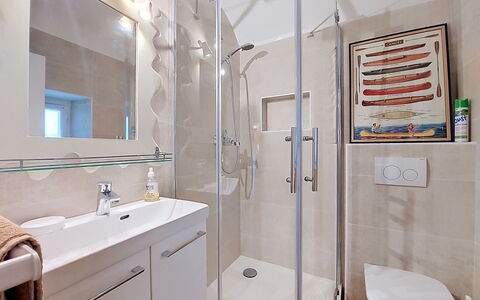 La Chaumière: Bathroom, Plumbing Fixture, Interior Design, Flooring, Mirror, Floor, Sink, Bathroom Sink, Tap, Toilet