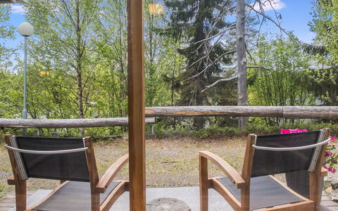 Rukaköngäs 21: Wood, Furniture, Porch, Chair, Hardwood, Wood Stain, Glass, Deck, Eco Hotel, Shade