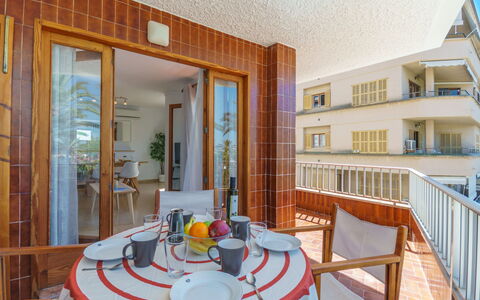Can Llorenc Sea Views: Furniture, Property, Table, Azure, Wood, Tableware, Interior Design, Orange, Lighting, Architecture