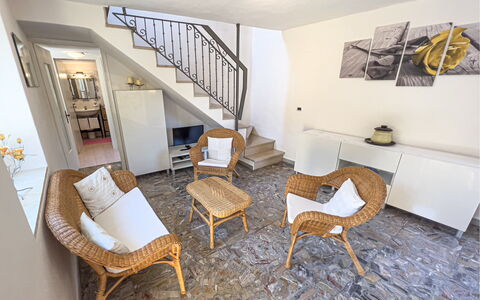 La Casetta Di Emma - Villa Faraldi: Furniture, Property, Picture Frame, Table, Chair, Shelf, Wood, Interior Design, Lighting, Living Room