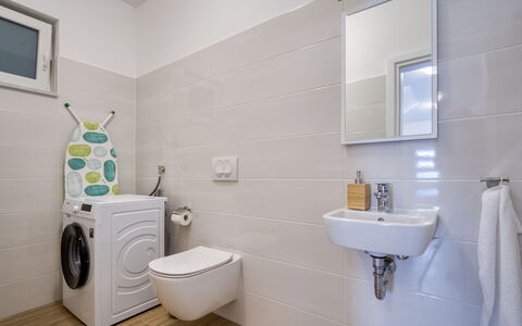 Villa Vali 2: Mirror, Plumbing Fixture, Bathroom Sink, Laundry Room, Property, Building, Tap, Toilet Seat, Purple, Bathroom