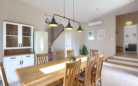 Villa Bella: Table, Property, Furniture, Chair, Kitchen, Kitchen & Dining Room Table, Wood, Interior Design, Lighting, Flooring