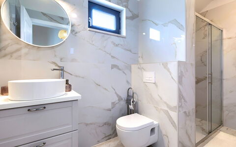 Villa Bella: Mirror, Property, Plumbing Fixture, Bathroom Cabinet, Bathroom, Bathroom Sink, Purple, Toilet, Toilet Seat, Interior Design