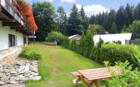 Harrachov Pool & Garden: Plant, Sky, Cloud, Furniture, Outdoor Bench, Botany, Building, Nature, Tree, Natural Landscape