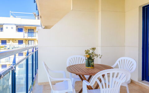 Las Dunas: Table, Furniture, Blue, Chair, Wood, Building, Tableware, Plant, Flowerpot, Interior Design