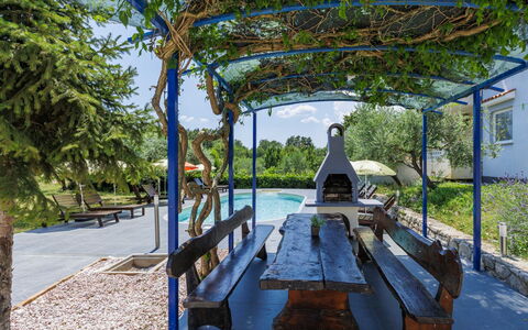 Labin 389: Blue, Shade, Garden, Leisure, Landscaping, Outdoor Structure, Outdoor Furniture, Bench, Pergola, Backyard