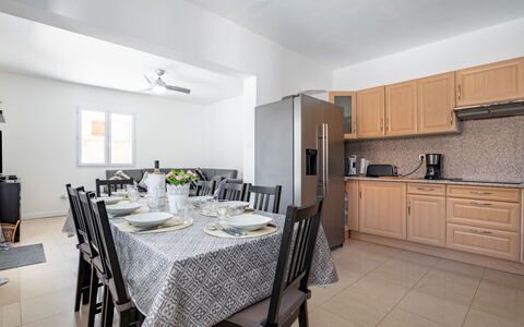 Villa les Treilles: Furniture, Cabinetry, Property, Table, Countertop, Building, Kitchen, Wood, Flooring