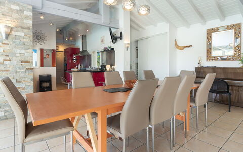 Villa Suerte: Table, Furniture, Chair, Wood, Lighting, Interior Design, Building, Floor, Hall, Flooring