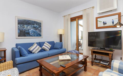 Sa Riera Beach: Table, Picture Frame, Couch, Furniture, Azure, Living Room, Interior Design, Wood, Studio Couch, Floor