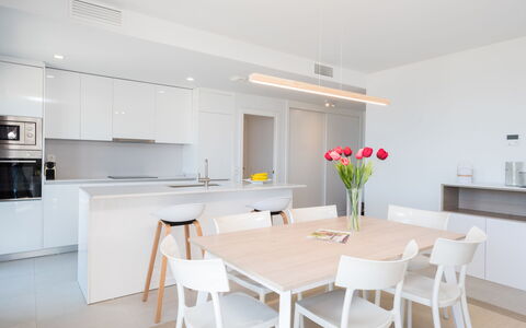 Calma Blanca: Furniture, Table, Property, Countertop, Cabinetry, Wood, Chair, Kitchen, Interior Design, Building