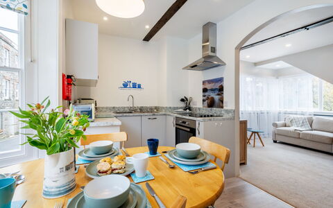 Cherry Orchard Cottage: Interior Design, Furniture, Flooring, Floor, Ceiling, Countertop, Kitchen, Room, Apartment, Lighting