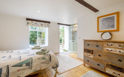 Cherry Orchard Cottage: Furniture, Interior Design, Bed, Wall, Bedroom, Wood, Flooring, Ceiling, Floor, Room