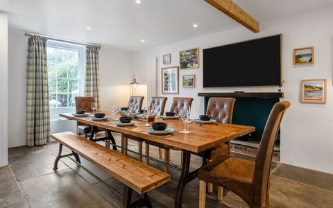 Cherry Orchard House: Furniture, Interior Design, Flooring, Wood, Table, Ceiling, Floor, Kitchen & Dining Room Table, Dining Room, Lighting