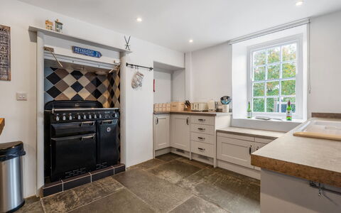 Cherry Orchard House: Wood, Flooring, Interior Design, Kitchen, Cabinetry, Floor, Countertop, Ceiling, Room, Major Appliance