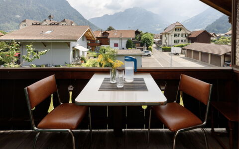 Chalet Dori: Furniture, Table, Chair, Mountain Range, Outdoor Furniture, Restaurant, Outdoor Table, Balcony, Houseplant, Kitchen & Dining Room Table