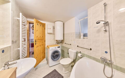 Sunny Slope & Sauna: Flooring, Floor, Interior Design, Plumbing Fixture, Bathroom, Ceiling, Room, Plumbing, Tap, Bathtub