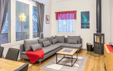 Saukonpesä B: Furniture, Interior Design, Flooring, Floor, Wood, Couch, Living Room, Wood Flooring, Room, Lighting