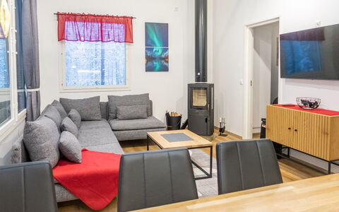 Saukonpesä B: Furniture, Flooring, Interior Design, Floor, Couch, Wood, Living Room, Ceiling, Room, Lighting