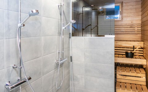 Saukonpesä B: Flooring, Plumbing Fixture, Interior Design, Floor, Bathroom, Shower Head, Shower, Tile, Plumbing, Shower Bar