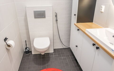 Saukonpesä B: Toilet Seat, Bathroom, Toilet, Flooring, Plumbing Fixture, Interior Design, Wall, Floor, Bathroom Sink, Sink
