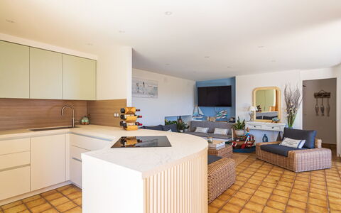 Village des Fourches: Furniture, Interior Design, Flooring, Floor, Wood, Kitchen, Ceiling, Room, Countertop, Lighting