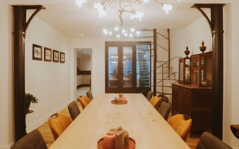 Historical and Spacious Villa Anaïs: Table, Property, Furniture, Picture Frame, Chair, Wood, Interior Design, Lighting, Building, Flooring