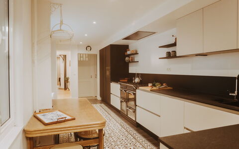 Historical and Spacious Villa Anaïs: Cabinetry, Furniture, Property, Countertop, Table, Building, Sink, Wood, Kitchen, Chair