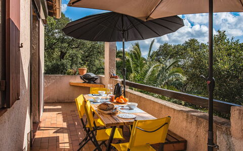 La Planquette: Furniture, Outdoor Furniture, Chair, Shade, Outdoor Table, Flowerpot, Houseplant, Balcony, Wood Stain, Kitchen & Dining Room Table