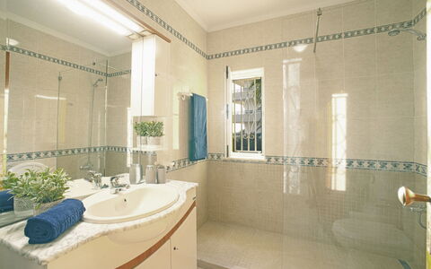 Inês: Mirror, Plumbing Fixture, Tap, Property, Sink, Bathtub, Bathroom, Shower Head, Plant, Shower