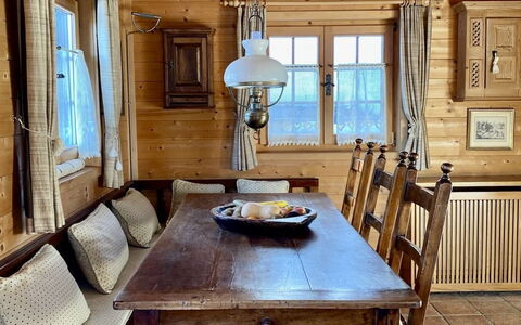 Chalet Rodas 9: Table, Furniture, Window, Building, Wood, Chair, Interior Design, Floor, Flooring, Hardwood