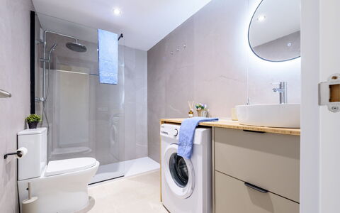 Salou 703: Interior Design, Flooring, Floor, Plumbing Fixture, Bathroom Cabinet, Washing Machine, Bathroom, Ceiling, Cabinetry, Tap