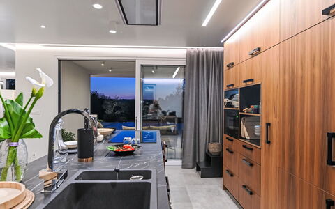 Villa Sonia: Interior Design, Kitchen, Furniture, Countertop, Flooring, Ceiling, Wood, Light Fixture, Home Appliance, Kitchen Appliance
