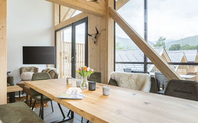 Penthouse # 4B mit Sauna&Außenbadewanne 180.13: Table, Furniture, Property, Couch, Building, Plant, Wood, Window, Shade, Houseplant